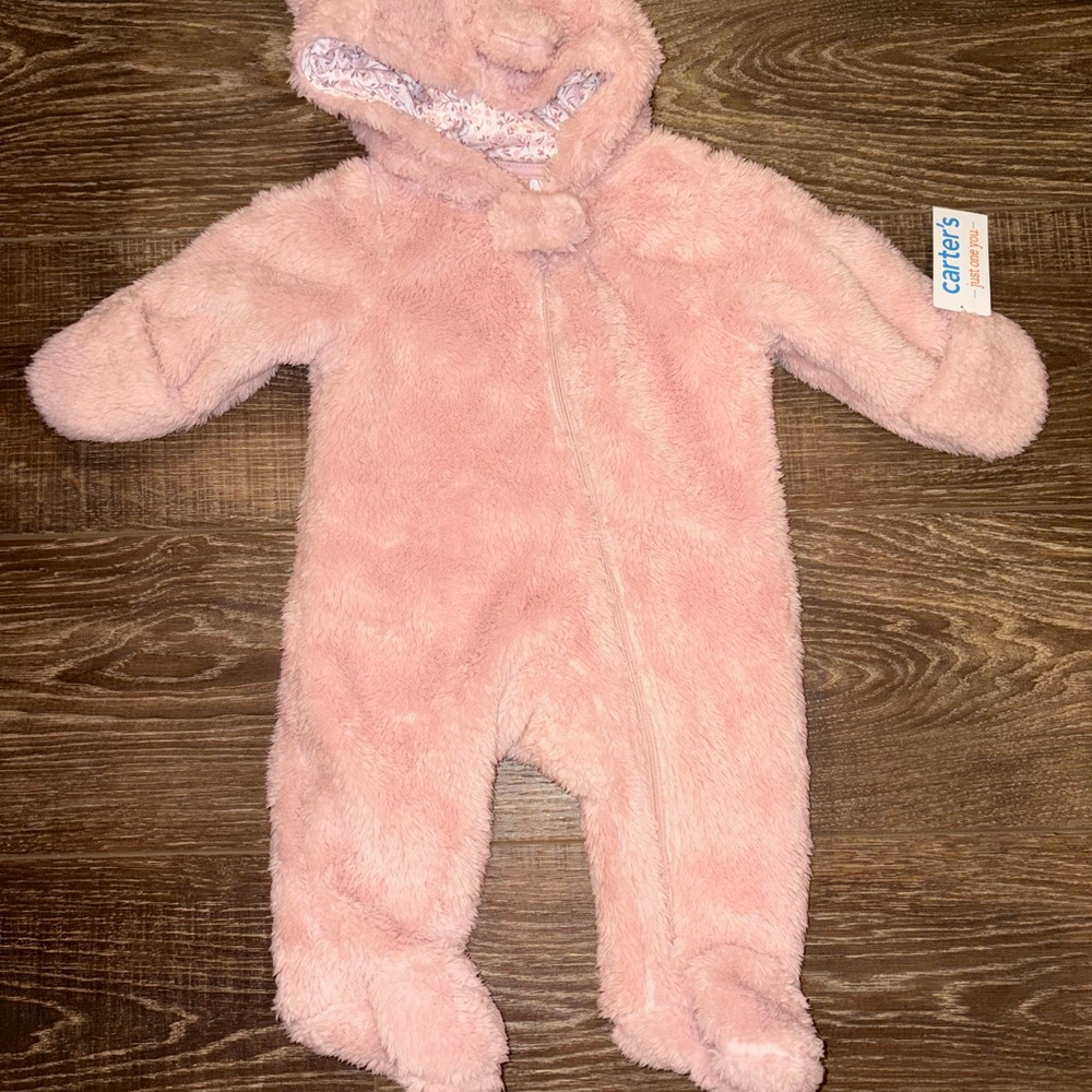 NWT Carter's Plush Pink Hooded Baby Footed One-Piece